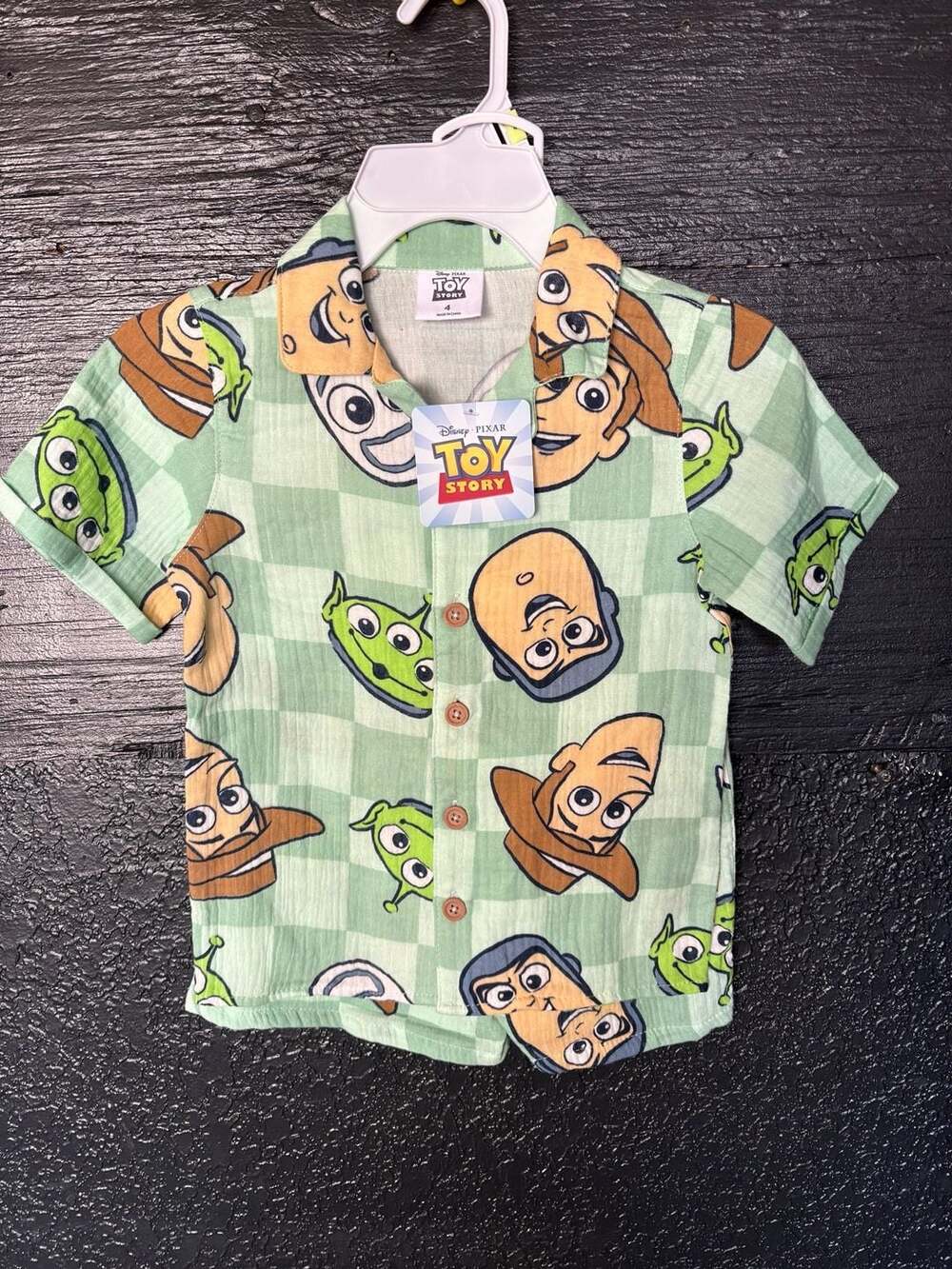 Toy Story Button Up Shirt and Shorts Size 4 Sage Green